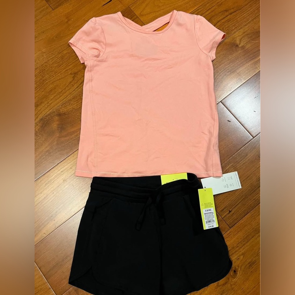 Girl’s All in Motion Black Double Layer Run Shorts with Peach Athletic Shirt